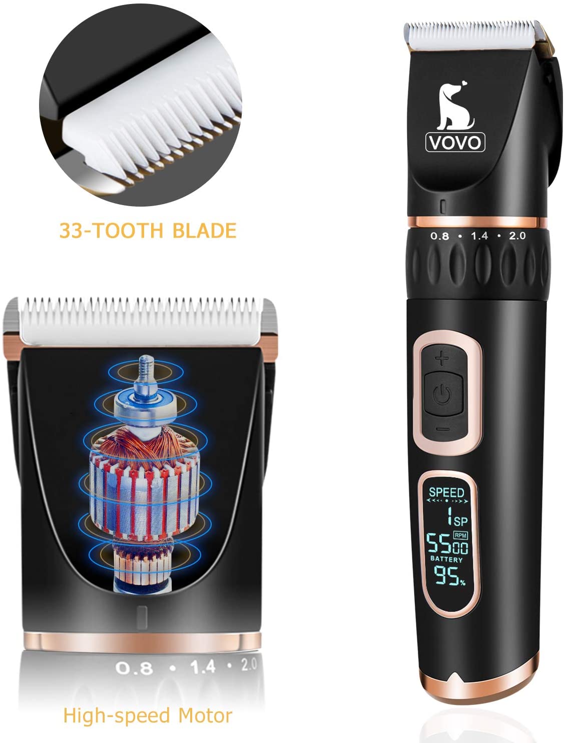 VOVO Dog Clippers Professional 3-Speed Low Noise Pet Grooming Kit Tools - Image 6