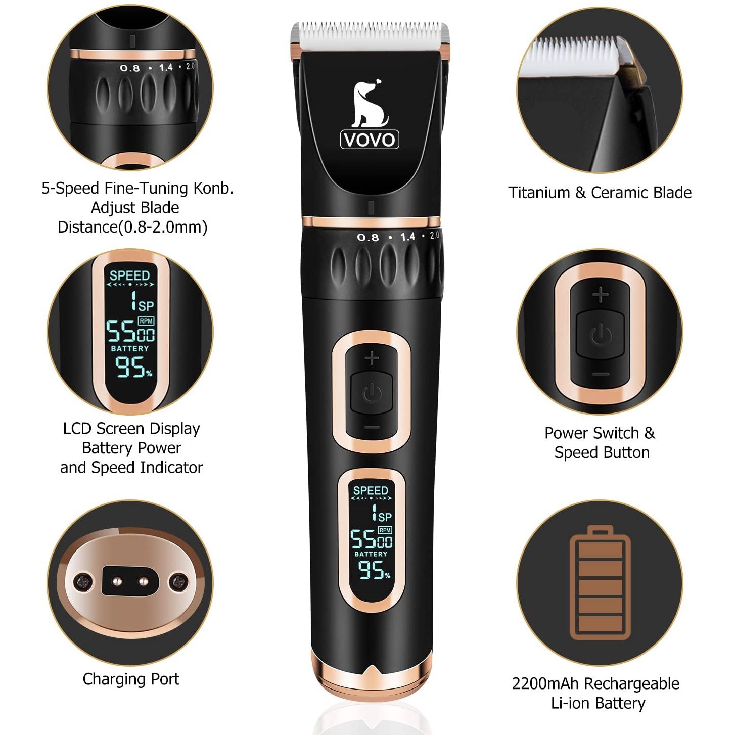 VOVO Dog Clippers Professional 3-Speed Low Noise Pet Grooming Kit Tools - Image 2