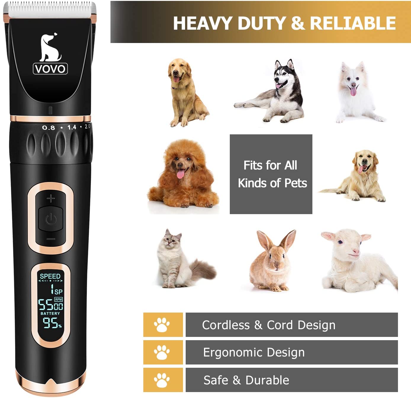 VOVO Dog Clippers Professional 3-Speed Low Noise Pet Grooming Kit Tools - Image 3